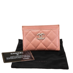 Pre Owned Chanel Pink Iridescent Quilted Caviar Leather CC Card Holder