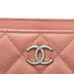 Pre Owned Chanel Pink Iridescent Quilted Caviar Leather CC Card Holder