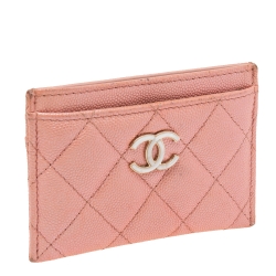 Pre Owned Chanel Pink Iridescent Quilted Caviar Leather CC Card Holder