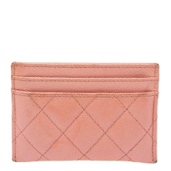 Pre Owned Chanel Pink Iridescent Quilted Caviar Leather CC Card Holder