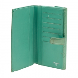 Pre Owned Chanel Mint Green Quilted Patent Leather French Flap Long Wallet