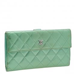 Pre Owned Chanel Mint Green Quilted Patent Leather French Flap Long Wallet