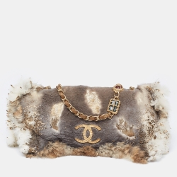 Chanel Beige/Gold Rabbit Fur and Leather CC Flap Jeweled Chain Bag Chanel