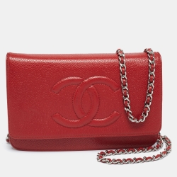 Pre Owned Chanel Red Caviar Leather WOC Clutch Bag