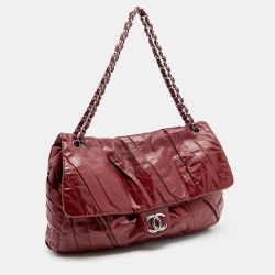 Pre Owned Chanel Red Glazed Leather Twisted Maxi Flap Bag