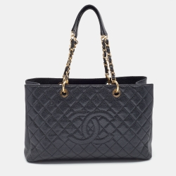 Pre Owned حقيبة يد توتس شانيل GST XL شوبير جلد كافيار مبطن أسود 