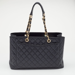 Pre Owned حقيبة يد توتس شانيل GST XL شوبير جلد كافيار مبطن أسود 