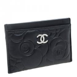 Pre Owned Chanel Black Leather Camellia Embossed Card Holder