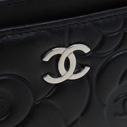 Pre Owned Chanel Black Leather Camellia Embossed Card Holder