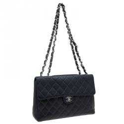 Pre Owned حقيبة شانيل جامبو كلاسيك جلد كافيار أسود مبطن بقلاب واحد