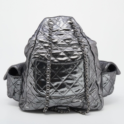 Pre Owned Chanel Metallic Dark Silver Quilted Leather Large Backpack is Back Backpack