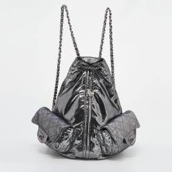 Pre Owned Chanel Metallic Dark Silver Quilted Leather Large Backpack is Back Backpack