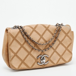 Pre Owned Chanel Beige Diamond Stitch Nubuck Leather Small Flap Bag