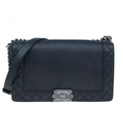 Pre Owned Chanel Black Calfskin Medium Boy Reverso Bag