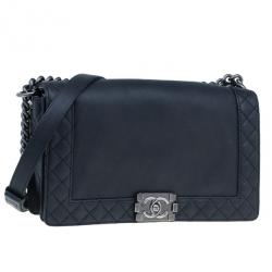 Pre Owned Chanel Black Calfskin Medium Boy Reverso Bag