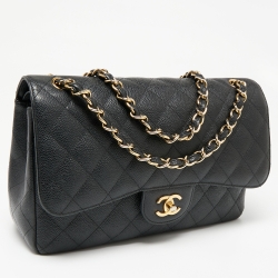 Pre Owned حقيبة شانيل جلد كافيار أسود مبطن قلاب كلاسيك كبيرة