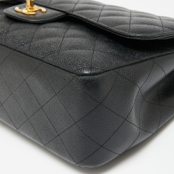 Pre Owned حقيبة شانيل جلد كافيار أسود مبطن قلاب كلاسيك كبيرة