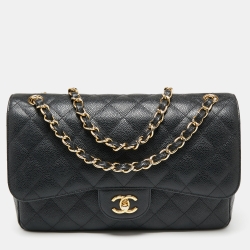 Pre Owned حقيبة شانيل جلد كافيار أسود مبطن قلاب كلاسيك كبيرة