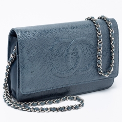 Pre Owned محفظة بسلسلة شانيل كلاسيك جلد مبطن أزرق