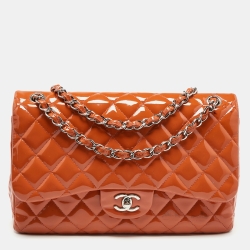 Chanel Orange Quilted Patent Leather Jumbo Classic Double Flap Bag