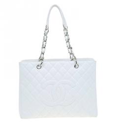 Pre Owned Chanel White Quilted Caviar Leather Grand Shopping Tote