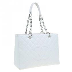 Pre Owned Chanel White Quilted Caviar Leather Grand Shopping Tote