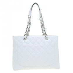 Pre Owned Chanel White Quilted Caviar Leather Grand Shopping Tote