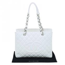 Pre Owned Chanel White Quilted Caviar Leather Grand Shopping Tote