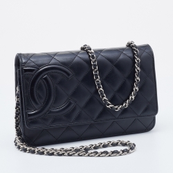 Pre Owned Chanel Black Quilted Leather Cambon Ligne Wallet on Chain