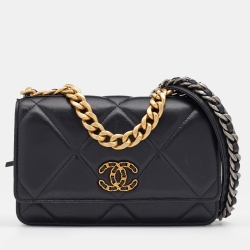 Chanel Black Quilted Leather 19 Flap Wallet on Chain