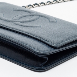 Pre Owned Chanel Blue Quilted Caviar Leather CC Timeless Wallet On Chain