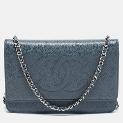 Pre Owned Chanel Blue Quilted Caviar Leather CC Timeless Wallet On Chain
