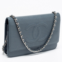 Pre Owned Chanel Blue Quilted Caviar Leather CC Timeless Wallet On Chain