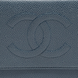 Pre Owned Chanel Blue Quilted Caviar Leather CC Timeless Wallet On Chain