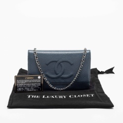 Pre Owned Chanel Blue Quilted Caviar Leather CC Timeless Wallet On Chain
