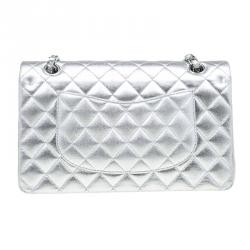 Pre Owned حقيبة شانيل كلاسيك جلد مبطن فضية متوسطة بقلاب مزدوج 