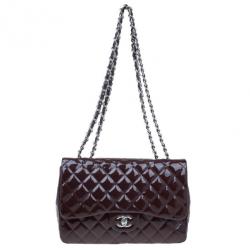 Pre Owned Chanel Burgundy Patent Leather Jumbo Flap