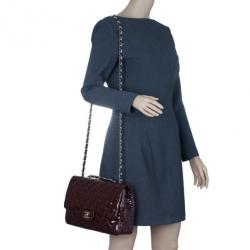 Pre Owned Chanel Burgundy Patent Leather Jumbo Flap