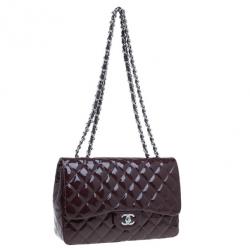Pre Owned Chanel Burgundy Patent Leather Jumbo Flap