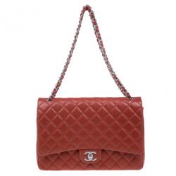 Pre Owned Chanel Red Lambskin Maxi Flap Bag