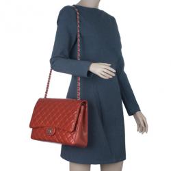 Pre Owned Chanel Red Lambskin Maxi Flap Bag