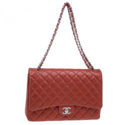 Pre Owned Chanel Red Lambskin Maxi Flap Bag