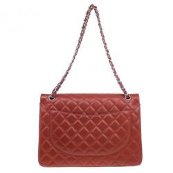 Pre Owned Chanel Red Lambskin Maxi Flap Bag