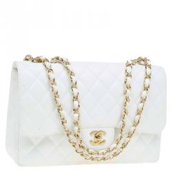 Pre Owned حقيبة شانيل جامبو كلاسيك جلد كافيار مبطن بيضاء بقلاب