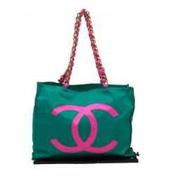 Pre Owned حقيبة يد شانيل فينتدج CC نايلون أخضر/ وردي حمالة سلسلة