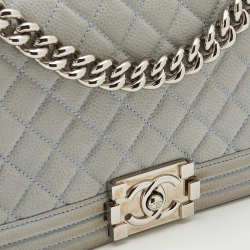 Pre Owned Chanel Grey Quilted Nubuck Leather Medium Boy Bag