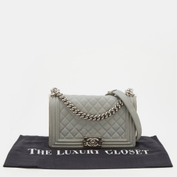 Pre Owned Chanel Grey Quilted Nubuck Leather Medium Boy Bag