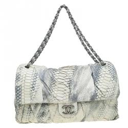 Pre Owned Chanel Cream/Grey Python Jumbo XL Flap Bag