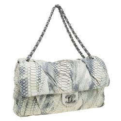 Pre Owned Chanel Cream/Grey Python Jumbo XL Flap Bag