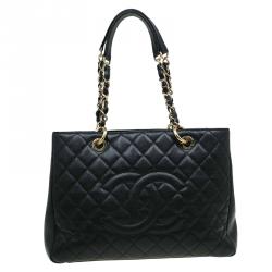 Pre Owned Chanel Black Quilted Caviar Leather Grand Shopping Tote